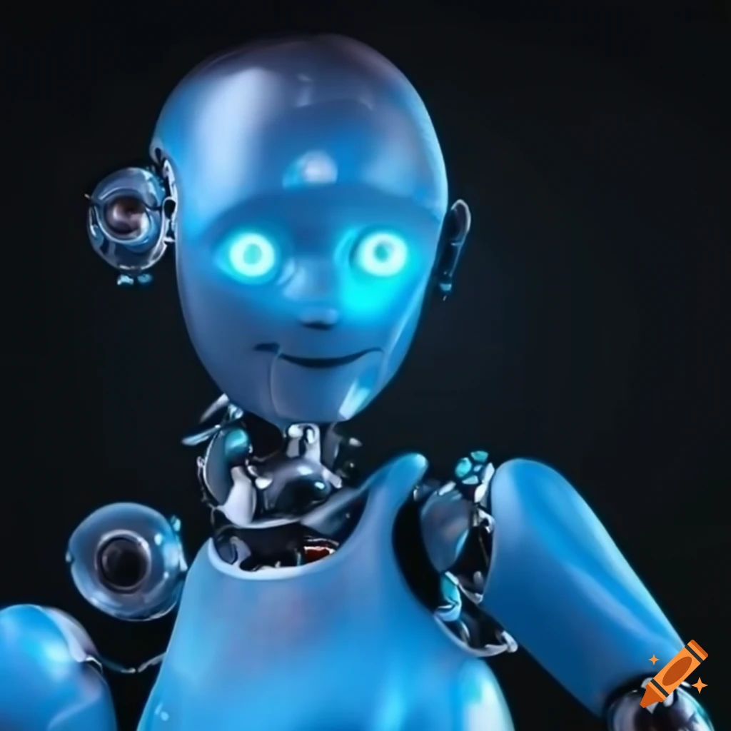 a cute smiling, curvy androjen robot in blue, some part of the body are orange color