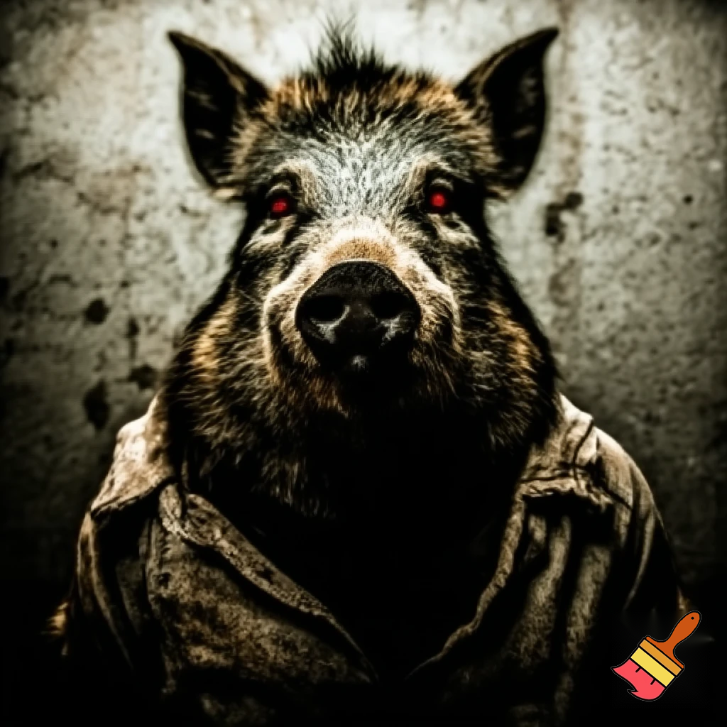 create a evil wanted poster with an image of a mugshot of a wild pig wearing prisoner clothes with red eyes.
