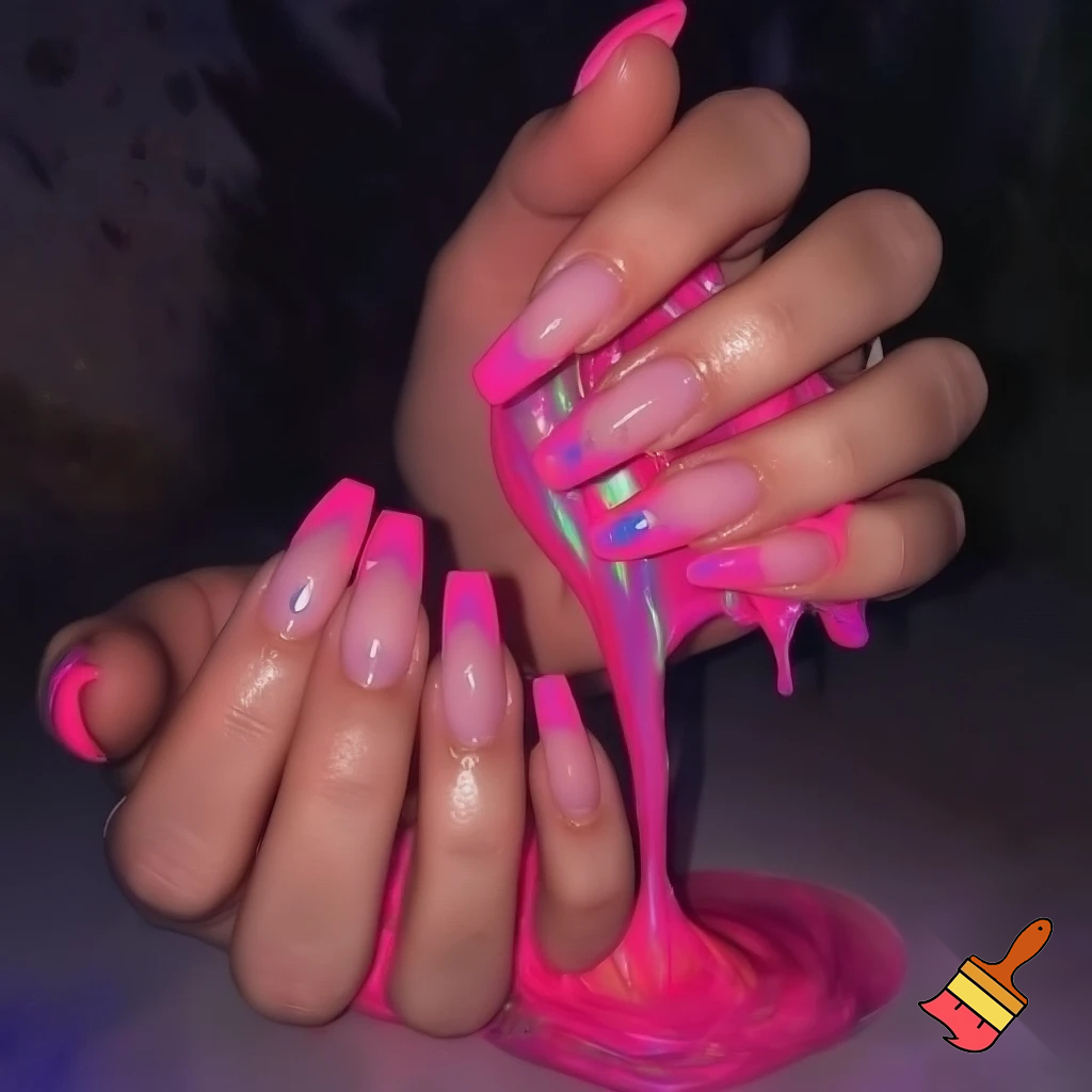 crate a picture of hands with hot pink French tips playing with pink slime. Make it look very baddie.