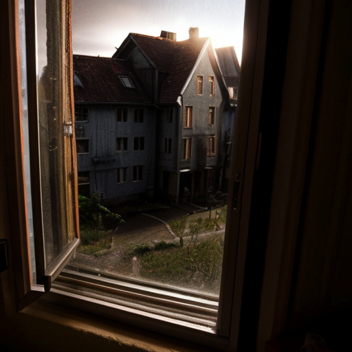 Slow zoom toward glowing hostel room window, surrounding darkness, distant wind sounds, creepy atmosphere