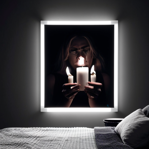 creates an image of a room in complete darkness; on the wall there is a mirror where you can see a woman holding a candle; black and white images in a photographic and hyperrealistic style
