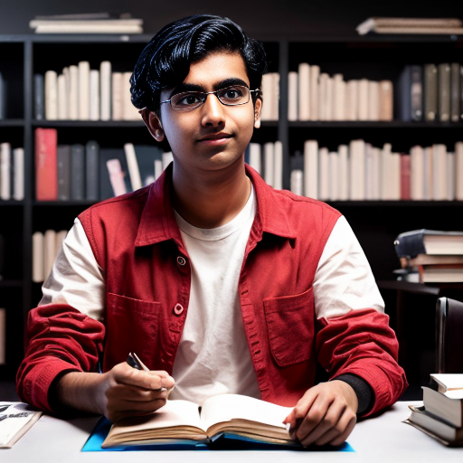 Aryan, 21-year-old Indian engineering student, medium wheatish skin, wavy black hair, brown eyes, clean-shaven face, red overshirt jacket, white t-shirt, dark jeans, studying at desk, laptop open, books scattered, same character design, cinematic horror animation