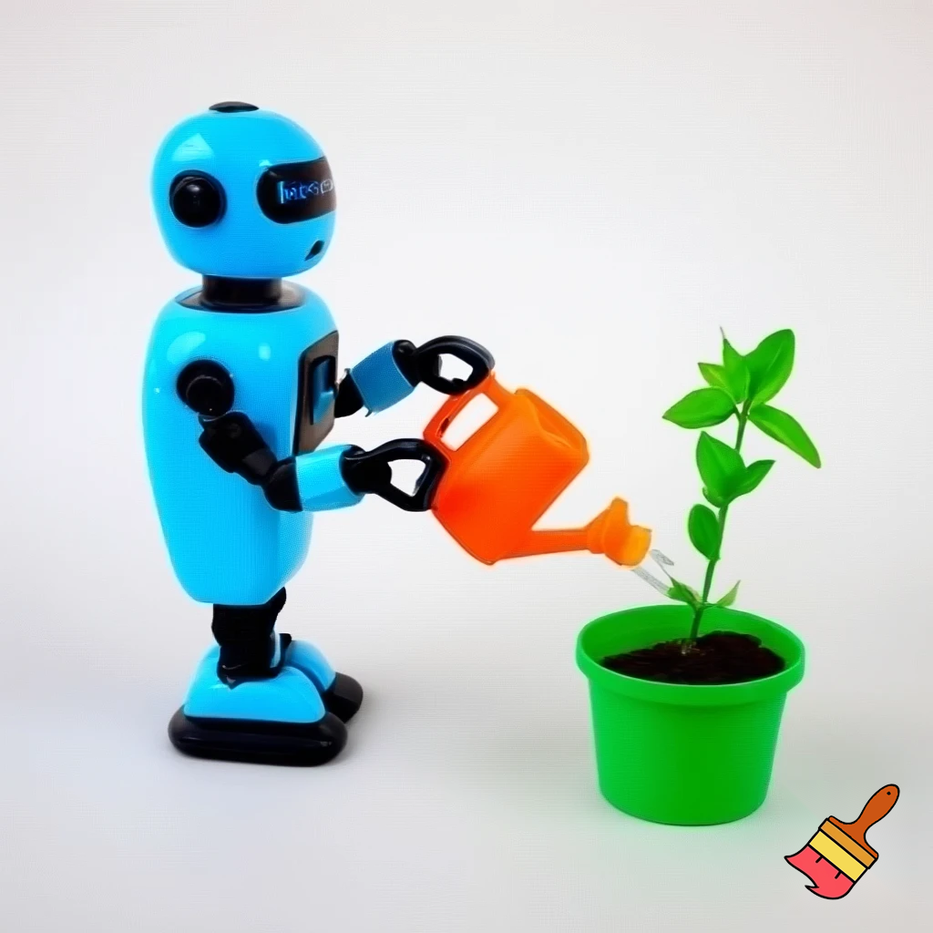 Un robot assistant qui arrose une plante... en plastique.