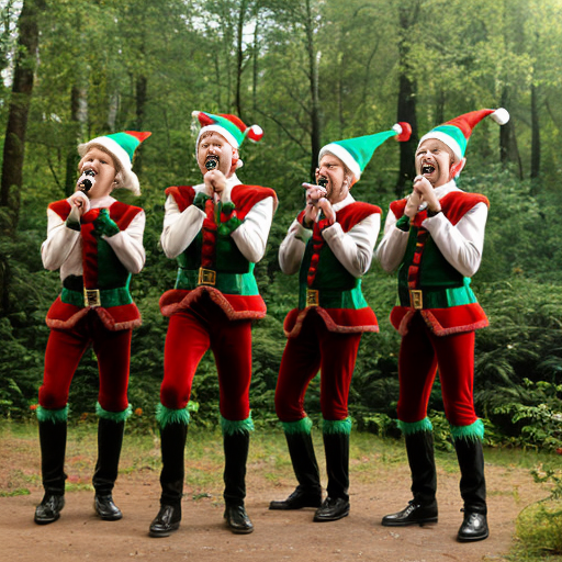 Create five male elves singing and dancing in the middle of the forest, who are not Christmas-themed and have more realistic and well-shaped faces.