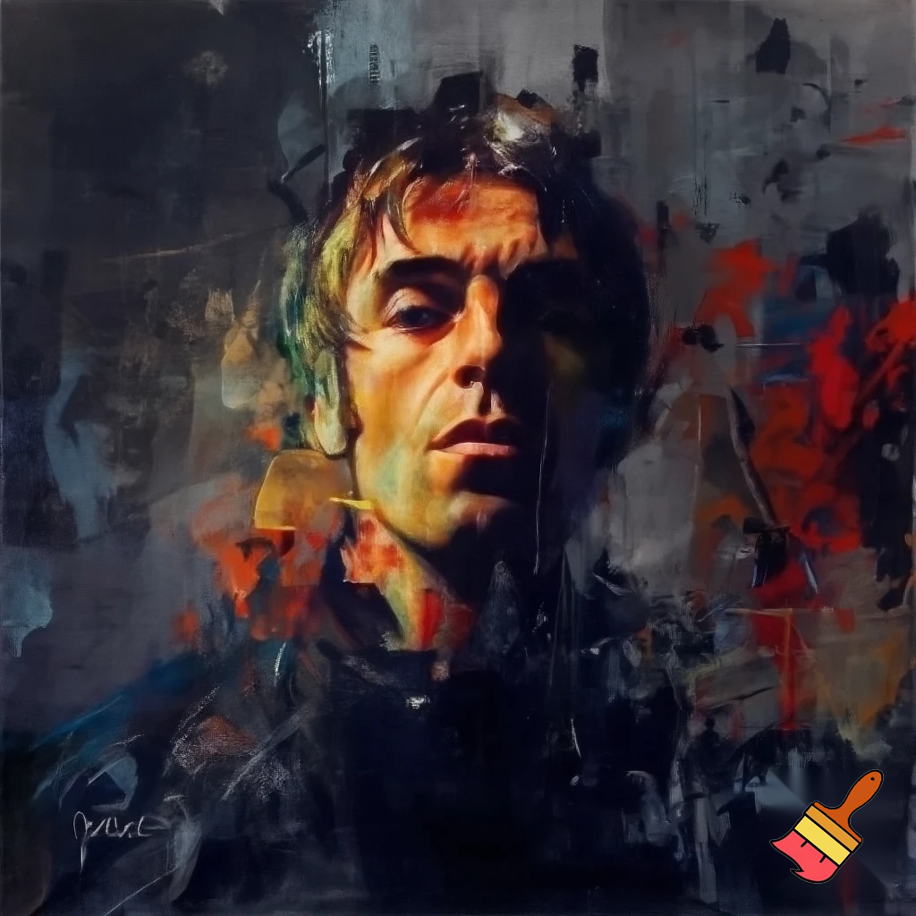 abstract expressionist portrait of Liam Gallagher in dark colours in a splashy free style