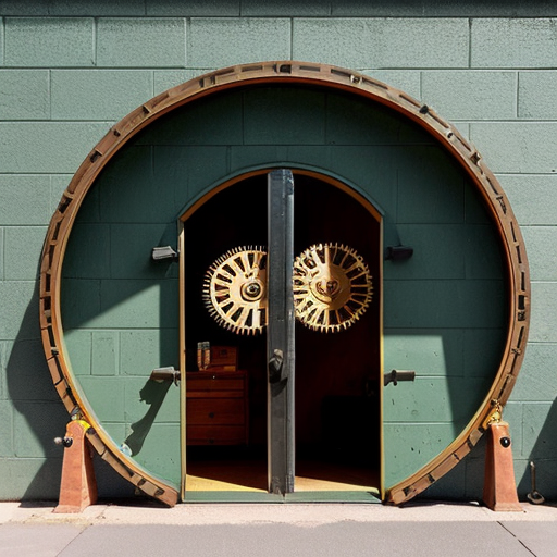  On the outside, the cabin is made of bricks and has a row of smokestacks on the top, making it look like a miniature factory. The door is bronze, thick, and circular, like a vault door, and opens with lots of steam and gears clunking.
