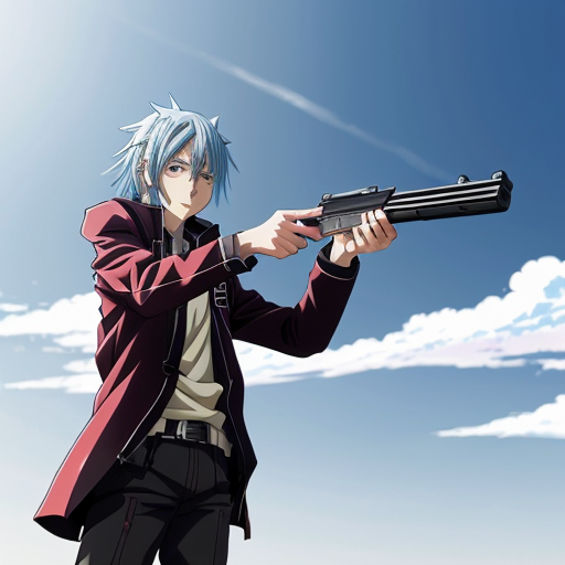 Create a background for me where there is an anime character with a gun and the weather is spring