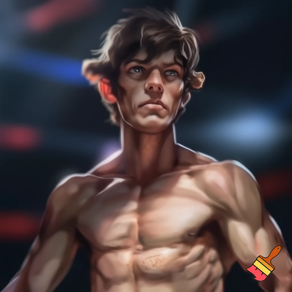 A mixed martial artist who has gone down two weight classes for a fight. His cheeks are sunken and his ribs are visible and his muscles stand out alarmingly. Nonetheless, he stands tall and steady. His eyes are watery blue, his hair is brown and his ears stick out. 
