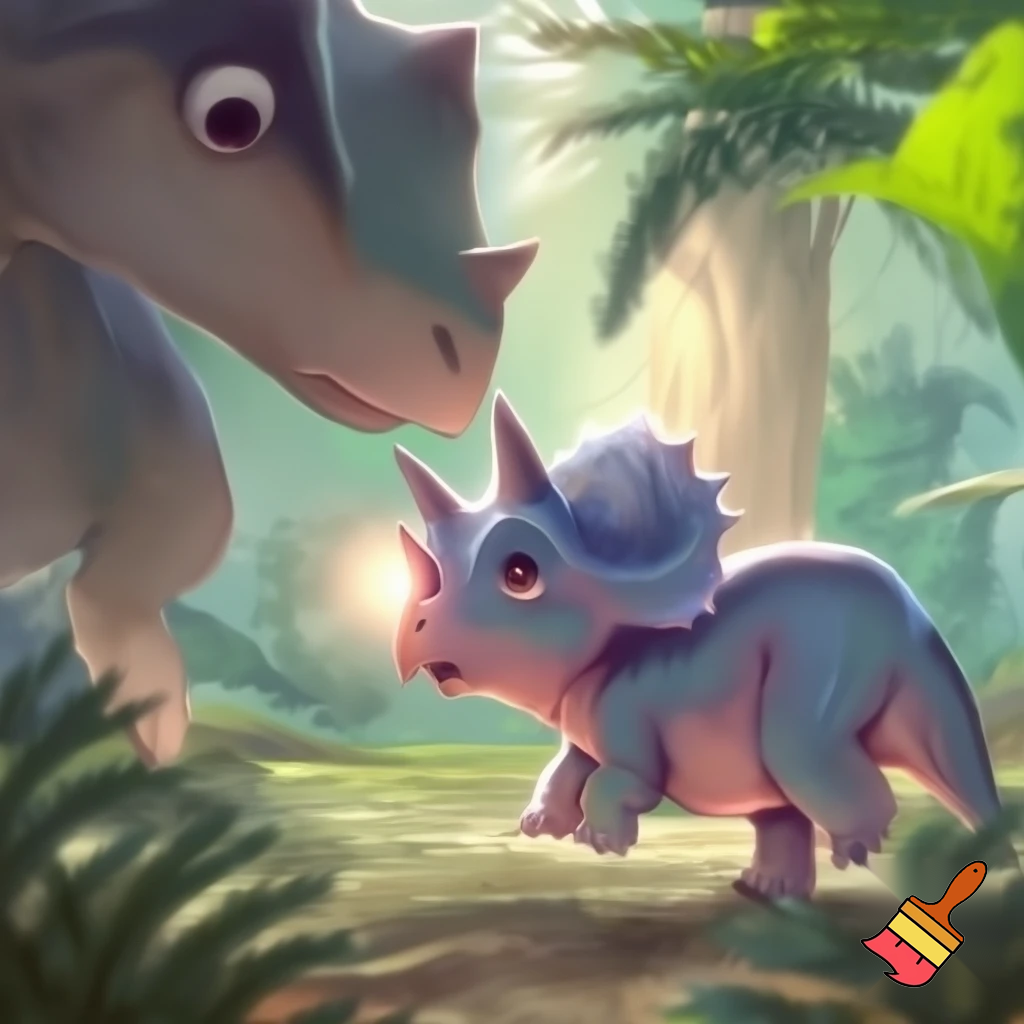 Draw a cute baby triceratops in the wild with a glowing nose horn and another dinosaur questioning him 
