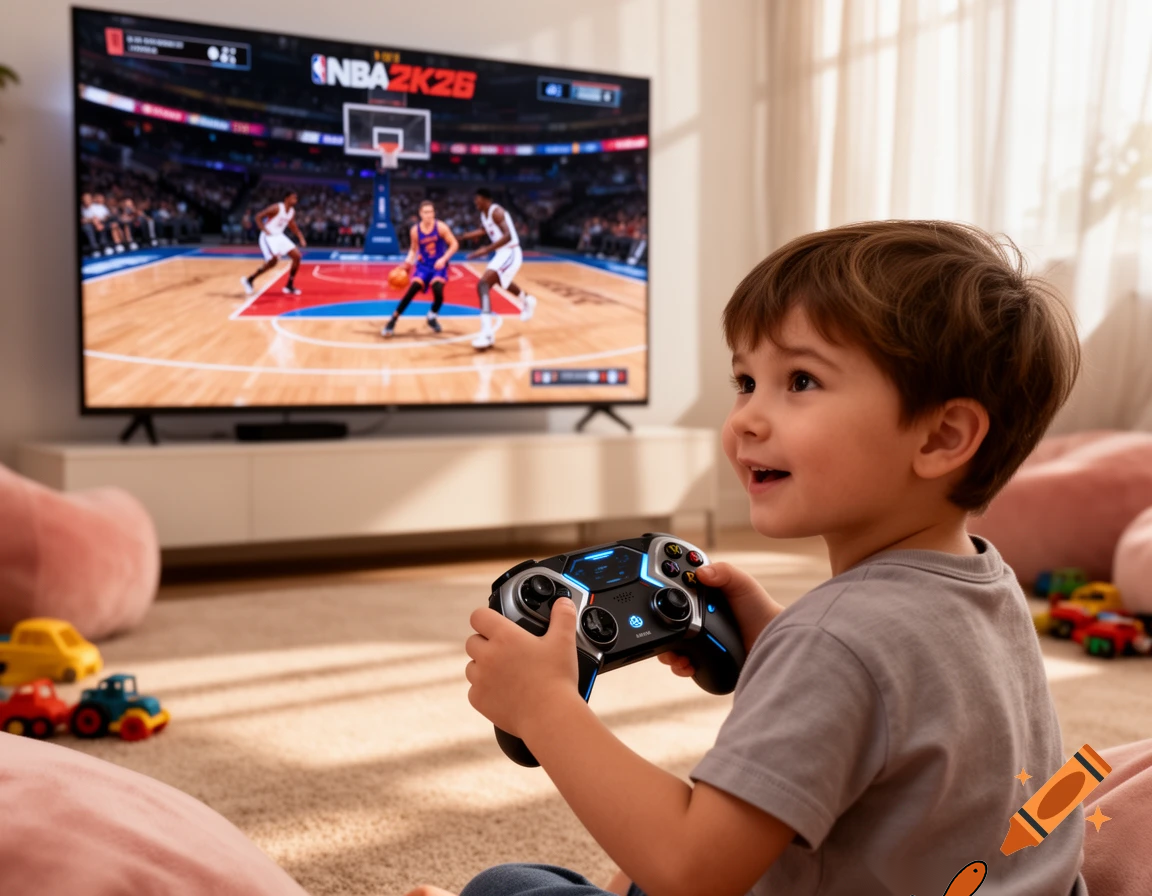 create a 3 year old kid playing 2k 26