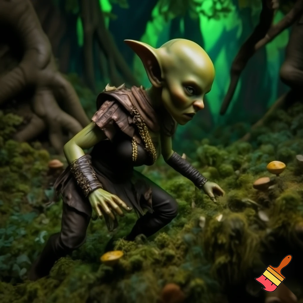 ambientazione fantasy, una ranger goblin femmina si aggira cauta tra le piante di un bosco misterioso