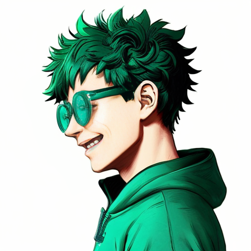 Izuku Midoriya from My hero academia wearing drippy glasses with nike tech fleece and a sideways cap for a profile picture
