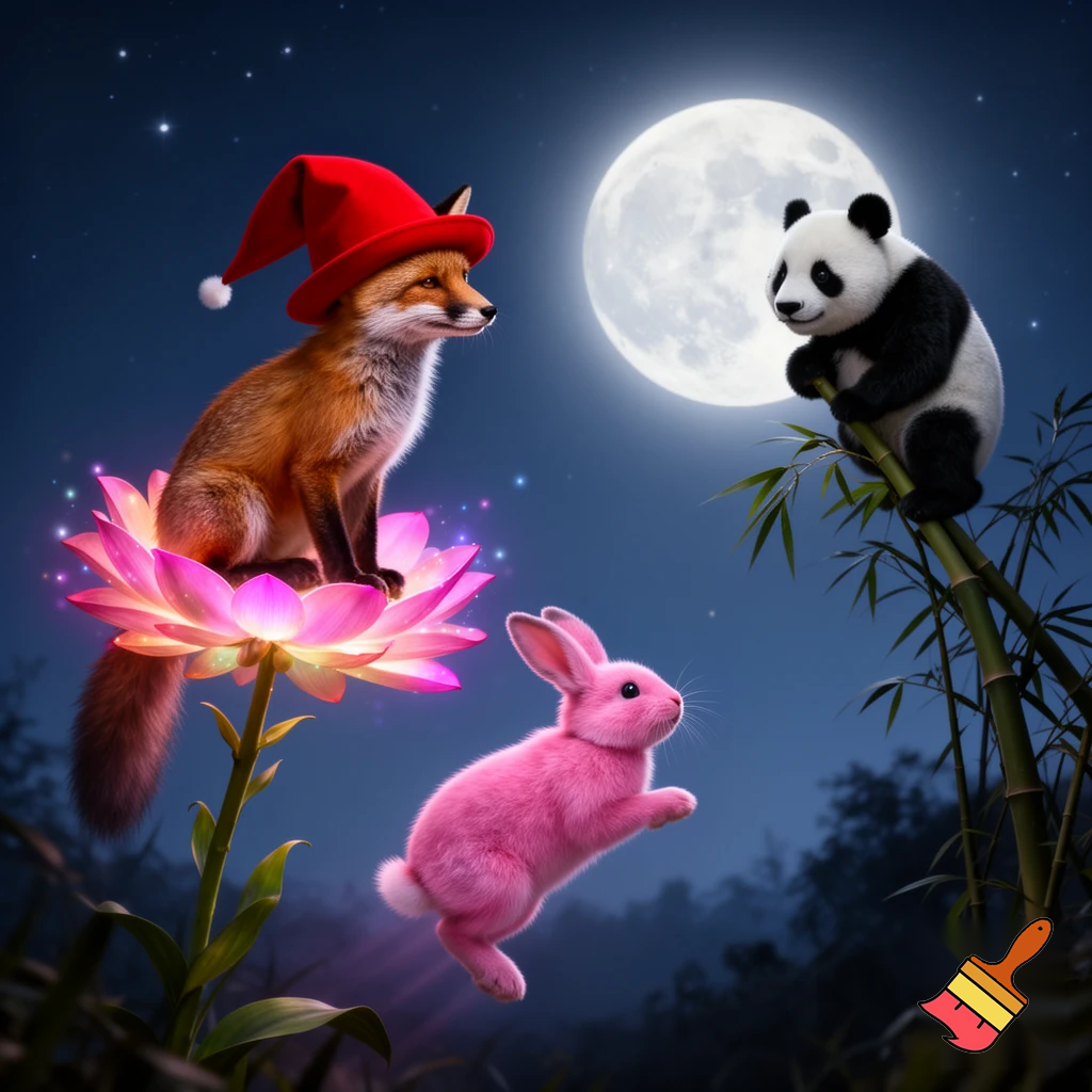 yes you did fox with a red hat you use the magic flower to take the pink rabbit to the moon said the panda tesher