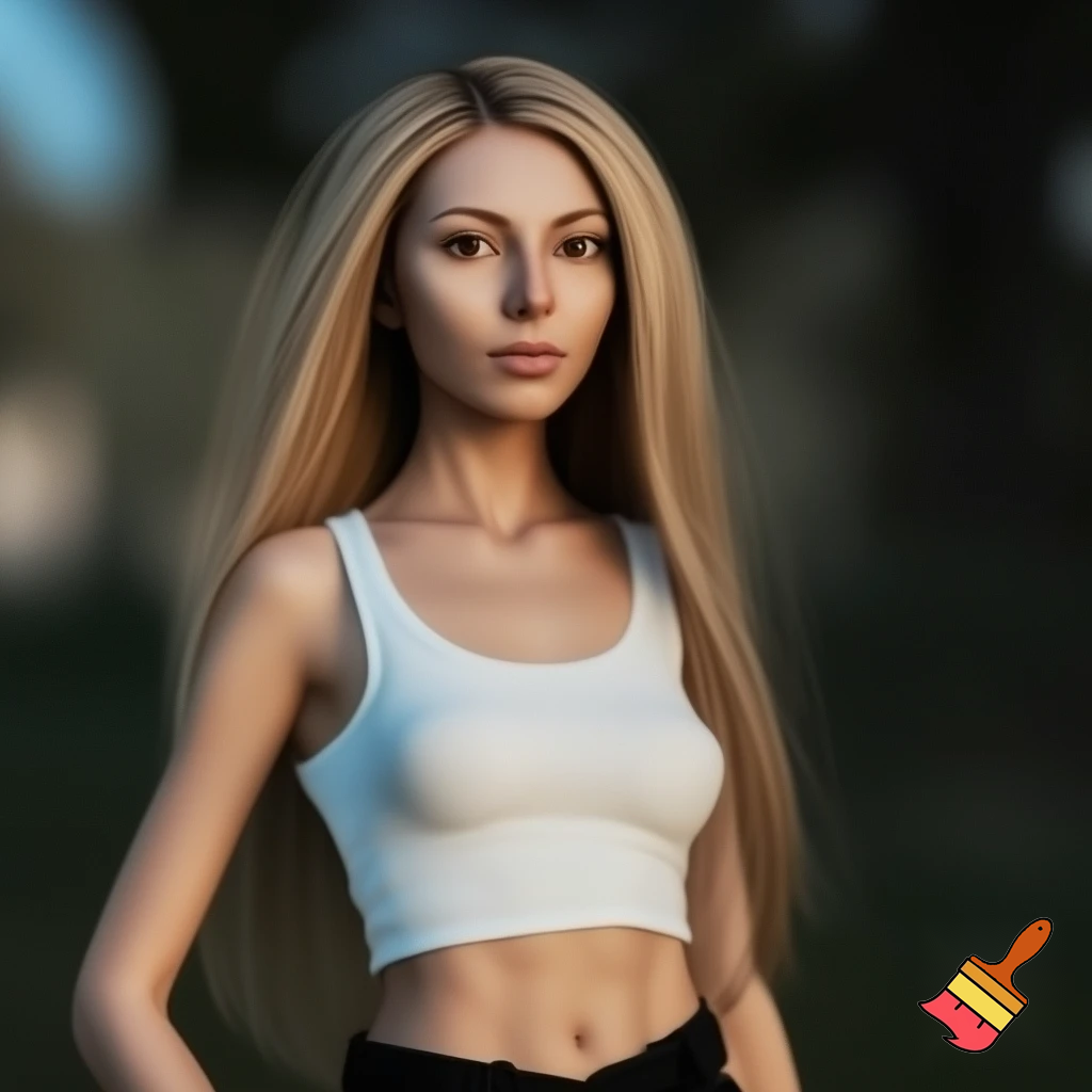 Photorealistic portrait of a blonde woman, approximately 22 years old, with long legs and a slim, athletic figure. She has long, naturally flowing blonde hair, light-colored eyes, oval face, almond-shaped brown eyes, average eye spacing, slim straight nose, naturally full lips, soft facial features, harmonious proportion , big boobs and delicate, harmonious facial features. Her overall presence is confident, natural, and modern.  Natural daylight. white croptop, black jeans.” 
