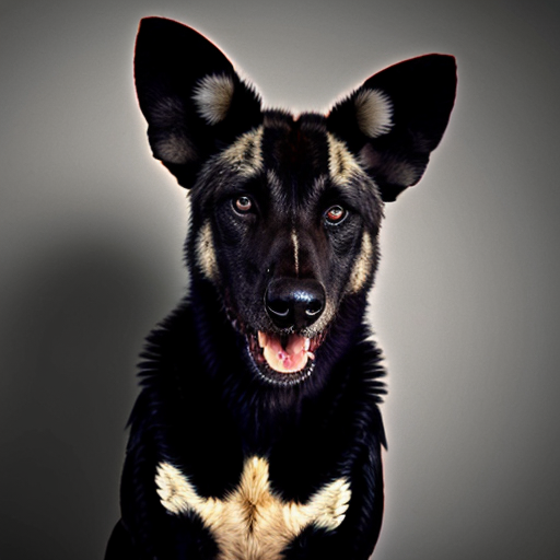 A black wild dog taking a mugshot looking DEADLY, sinister, angry and malicious