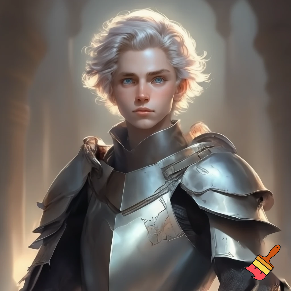 a young man with angelic short white hair and blueish gold eyes. he is also a knight