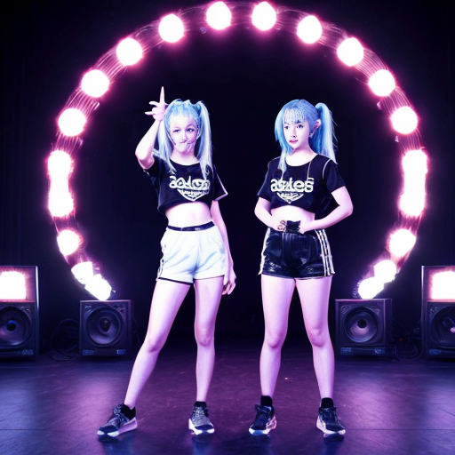Two girls (both adults) standing while two spotlights slightly shine over them while playing synths (there are two synths, one in front of each of them), facing each other (as in, not side by side) and looking very sad and tearing up, one with very long, non-curly, light blue hair, and the other with lavender hair in a ponytail, both shirtless and barefoot, with medium-sized eyes, and wearing black Adidas shorts with logo, white outlines, and v-cuts (full body shown), there are also two microphones pointing at them (they aren't singing tho). For extra stakes, this is a synth duel, final round, and the two girls are synthing for their life because two floating hands with black tuxedo sleeves and white gloves (one on each side) are pointing guns behind their heads, only one synther will survive, so they better not slip up their piece. Also, anime, but the background colors look vibrant blue, and the stage is lit up with a big, white, very bright screen saying "Synth Duel: Final Round" in light blue, all uppercase, non-pixelated letters. 