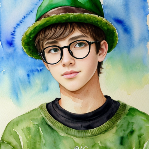  anime teenage boy with a green hat, green eyes, black glasses and a green jumper