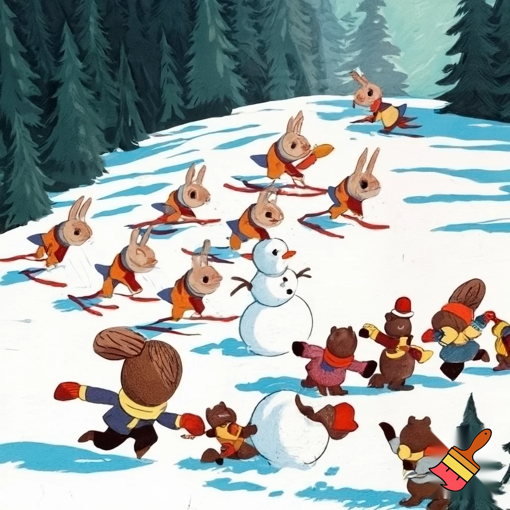 Drawing in old soviet cartoons style. Hares in ski suits are skiing on a snow-covered slope with dense forest on the edges. Next to them foxes in ski suits are skiing on a snow-covered slope with dense forest on the edges. Next to them bear cubs in winter clothes are making a snowman on a snow-covered slope with dense forest on the edges. Next to them squirells in winter clothes are playing with snowballs on a snow-covered slope with dense forest on the edges
