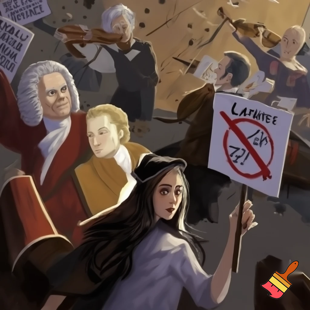 woman protesting violins with counter protesters being bach and motzart and there is people with signs fighting in the background smashing violins 