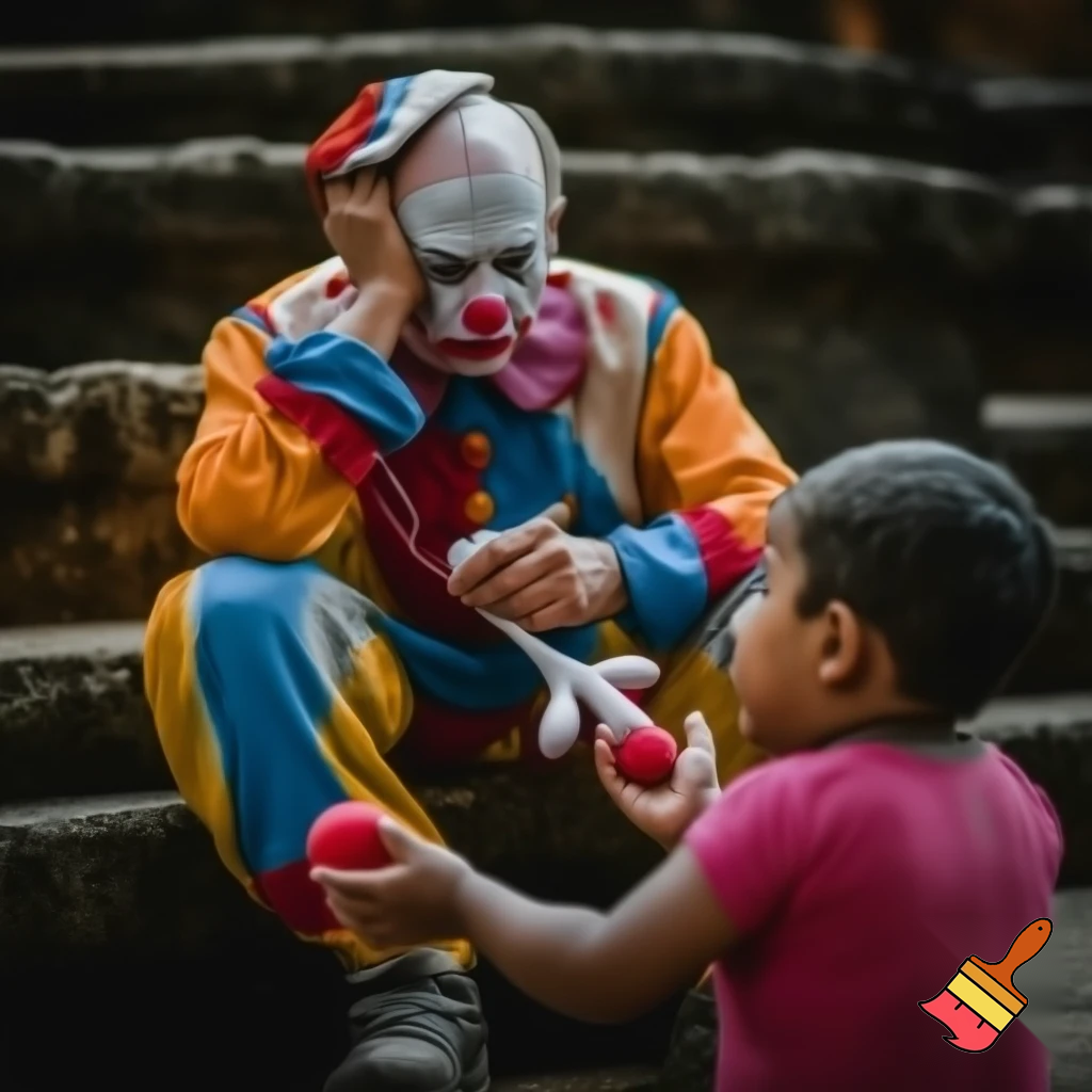 A heartbroken clown sits on an old stone staircase, holding his face with one hand. He wears a vividly decorated, brightly colored costume, full of patterns, with slight wrinkles from wear. In front of him, a young child looks at him, gently offering a ball with one hand while holding a rabbit-shaped balloon in the other hand, near the clown’s. The scene is bathed in soft natural light, creating a calm and melancholic atmosphere, with cinematic depth, detailed textures, and a tender emotional connection between the clown and the child. The image is ultra-realistic, 4k, with full cinematic style