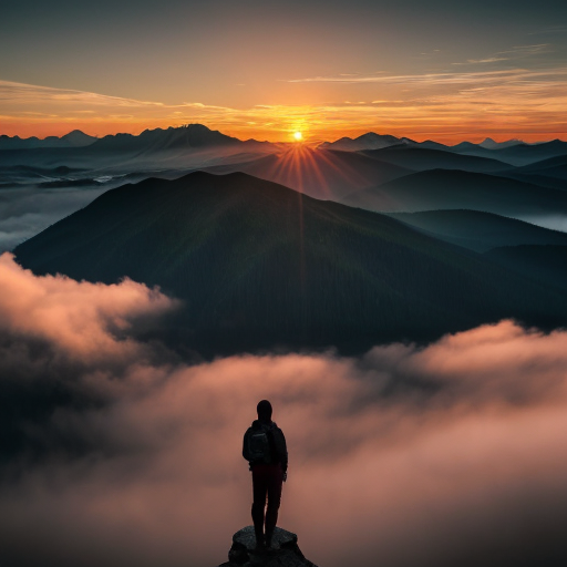 "A majestic sunrise over mountains with a person standing on a peak, looking inspired, cinematic lighting, ultra-detailed, motivational atmosphere"