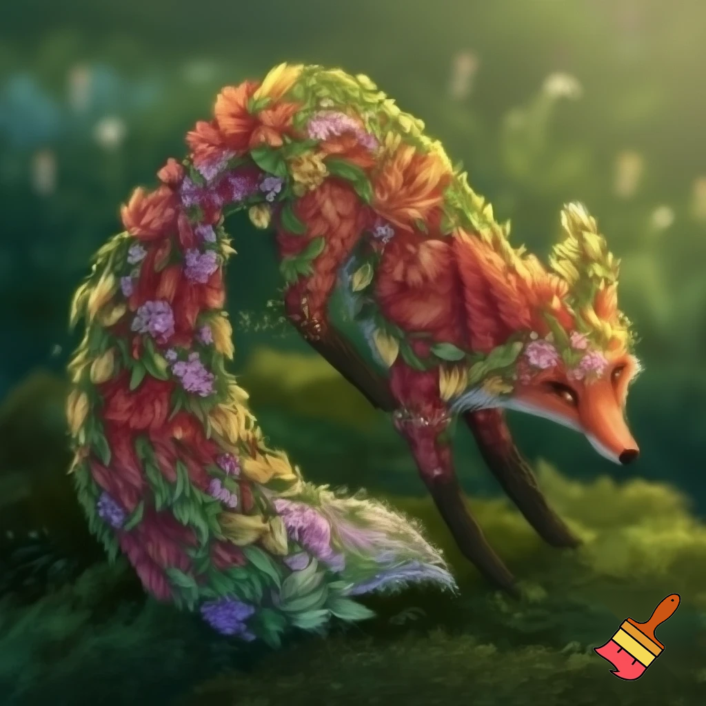 en ræv lavet af blomster og planter