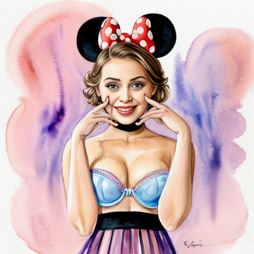 femme 28 ans cheveux blond yeux bleux nu tenue dans les airs par des mains et aux bras et au jambe oreilles de minnie mouse apparait sur sa tête et sur son visage un museau apparait et allaire une queue de sourie de minnie mouse et une culotte se mes sur elle avec le déguisement de minnie