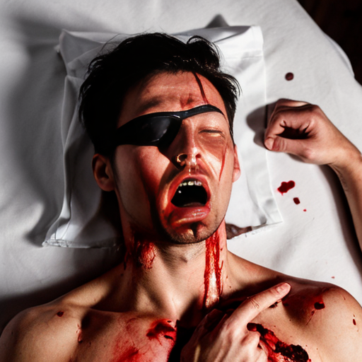 A shirtless man, face are hiding by shirt with cut on eye part, died, chest open wounded, blood everywhere, mouth are bleeding blood, eye closed.