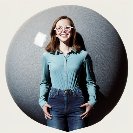 A woman, depicted as a spherical shape inflated like a balloon, is centrally positioned against a light gray background. She is of light complexion, and appears to be a young adult. She is wearing a light teal/grayish-blue, loose-fitting long-sleeved shirt, and dark-wash denim jeans. Her facial expression is slightly happy. Her body is exaggeratedly rounded, forming a sphere, with no visible definition of limbs except hands and feet. The style is surreal and comedic, with a digital or graphic manipulation aesthetic. The lighting is even and diffused, casting no strong shadows. The image is presented from a slightly high-angle perspective, emphasizing the exaggerated spherical form. The overall impression is one of visual humor and artistic distortion 