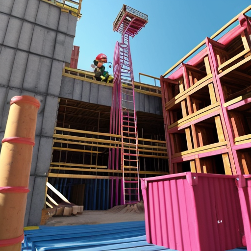a pink construction site with a bunch of tilted pink layers with blue ladders going to each one and at the top there's donkey kong and at the middle a mario with red overalls and and a blue shirt and there's barrels on the tilted pink layers