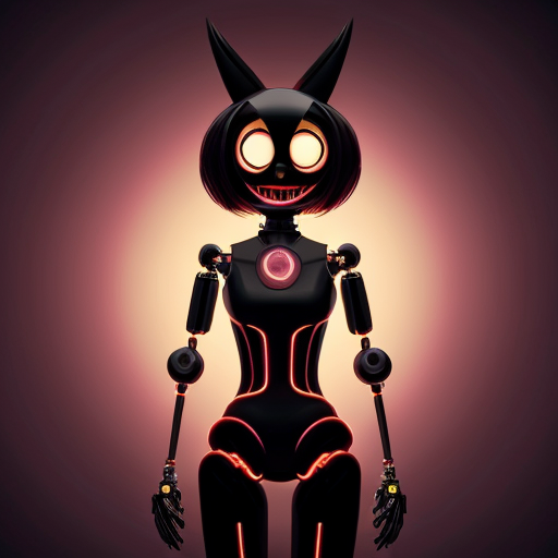 Generate a unique cybernetic character in the style of Hazbin Hotel. The character has a slender, elongated, slightly puppet-like humanoid body, fully composed of interwoven black wires, metallic components, and softly glowing diodes. The arms and legs are jointed like a sophisticated automaton, with subtle gaps revealing internal wiring. The character maintains a proud, commanding posture, radiating cold intelligence and absolute control.

The head is a monitor with softly glowing edges, displaying a cunning, intelligent, and slightly sinister smile (avoid silly or overly cute expressions). The dominant eye on the monitor is bright red with black hypnotic stripes and a small spark, while other eyes and body lights glow softly and diffusely.

Color palette: aqua, black, and dark red/burgundy, with occasional subtle violet highlights on metal plates and body components.

The background is muted dark red, subtle and non-distracting, keeping full focus on the character.

Style: recognizable Hazbin Hotel aesthetic with crisp outlines, saturated colors, and smooth gradients, merged with a dark, majestic Sci-Fi vibe.

Strict constraints: maintain the original pose and humanoid proportions. Light sources limited to the monitor head and glowing body lines for high contrast.