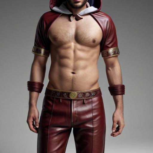 The clothing this body wore was different from that of the traditional gumental garb. He did not wear any long flowing robes. Instead, he wore a shirt and pants that were made of large dark red leather strips, which had been stitched together at a bent angle so that the strips pointed downward along the belly, the arms, and the legs. It had a hood crafted in the same fashion. fantasy