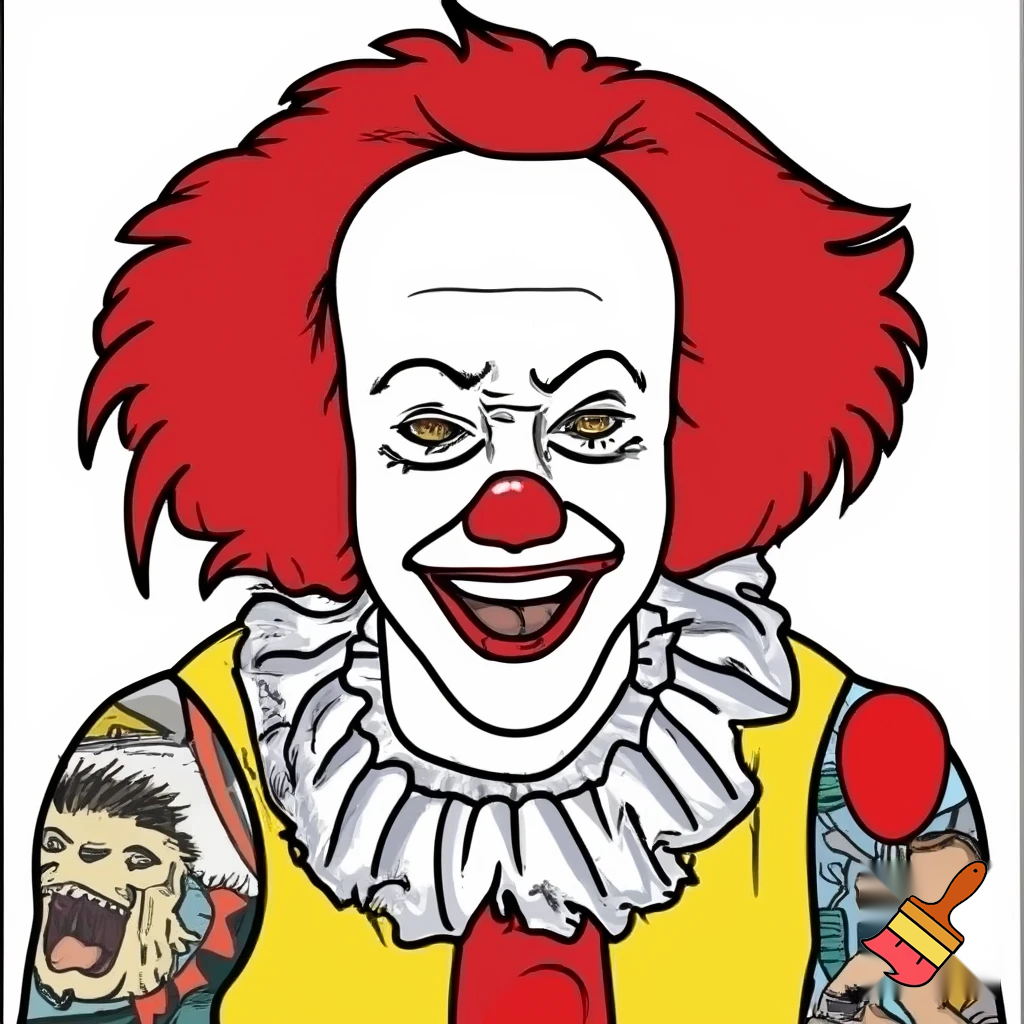 2D vector of Pennywise the clown dressed as Ronald McDonald. He has big red hair with a receding hairline. His smile should be a normal clown smile with a red nose. He is wearing a sleeveless top showing full arm sleeves of colourful traditional art tattoo's that include a pug, the Santa Cruz screaming hand, an axe, a caricature portrait of Kanye, barbed wire, skulls, a light blue diamond and a syringe with green fluid. Full length pose and holding a red balloon.