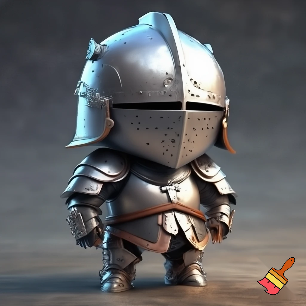 A cute chibi-style medieval knight mascot, inspired by the character proportions of "Ghosts 'n Goblins". He has a significantly oversized head and a small, stout body. He is wearing full, shiny silver plate armor with intricate but soft-edged details. The helmet is completely closed with a visor, so no face is visible. The style is whimsical fairy-tale 3D render, soft cinematic lighting, vibrant colors, high detail, standing in a heroic but adorable pose. High quality digital art, 8k, cute and charismatic.