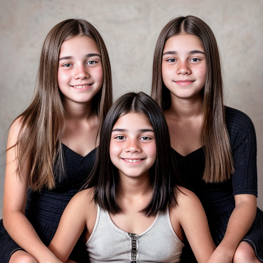 Generate a family photo of 16 year old year old triplet girls with black hair make sure they have black hair mexican
