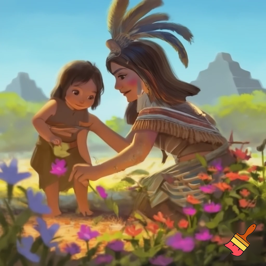 Ancient Aztec mother and nine year old daughter picking flowers