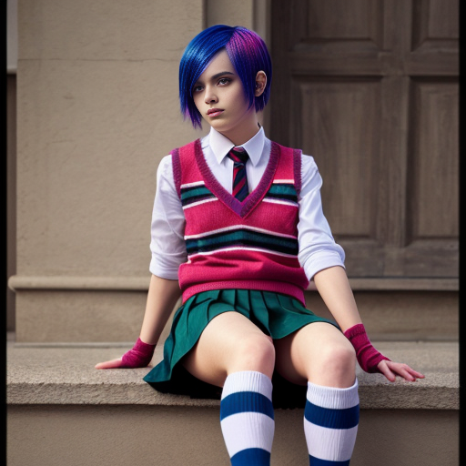 Cute emo woman with dyed hair wearing a sweater vest, a pleated skirt and striped thigh socks with converse shoes 