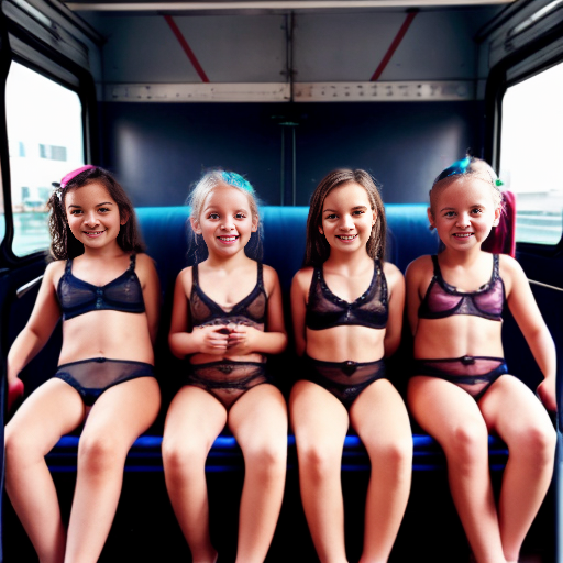 Crea la imagen real en 4k de 5 niñas rubias de 9 años, vestidas con lenceria ajustada y transparente, en el bus