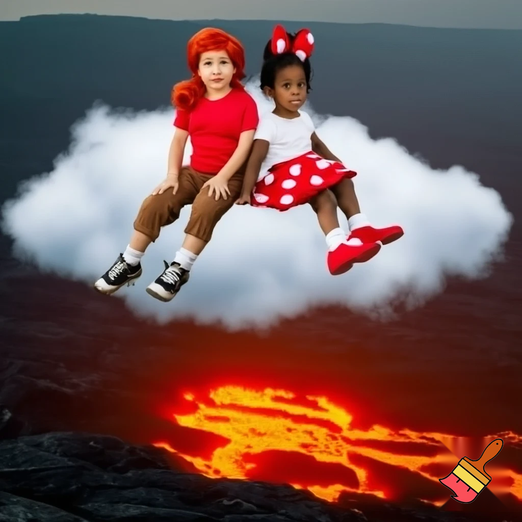 Little Dipper Pines hair red t-shirt brown short pants white socks black and white sneakers and Little Tiana red white dot bow in hair white t-shirt red white dot mini skirt white socks red shoes (the princess and the frog) on a sitting Cloud on a lava "Lava"