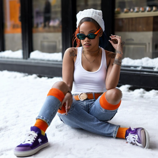 Rihanna orange tanktop belt blue short jeans purple socks orange and white sneakers on a sitting Snow 