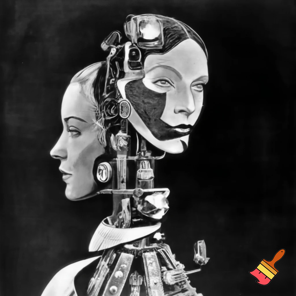 Bio-mechanical girl portrait, noise art. In the style of a 1920's German Expressionism. Black & white.