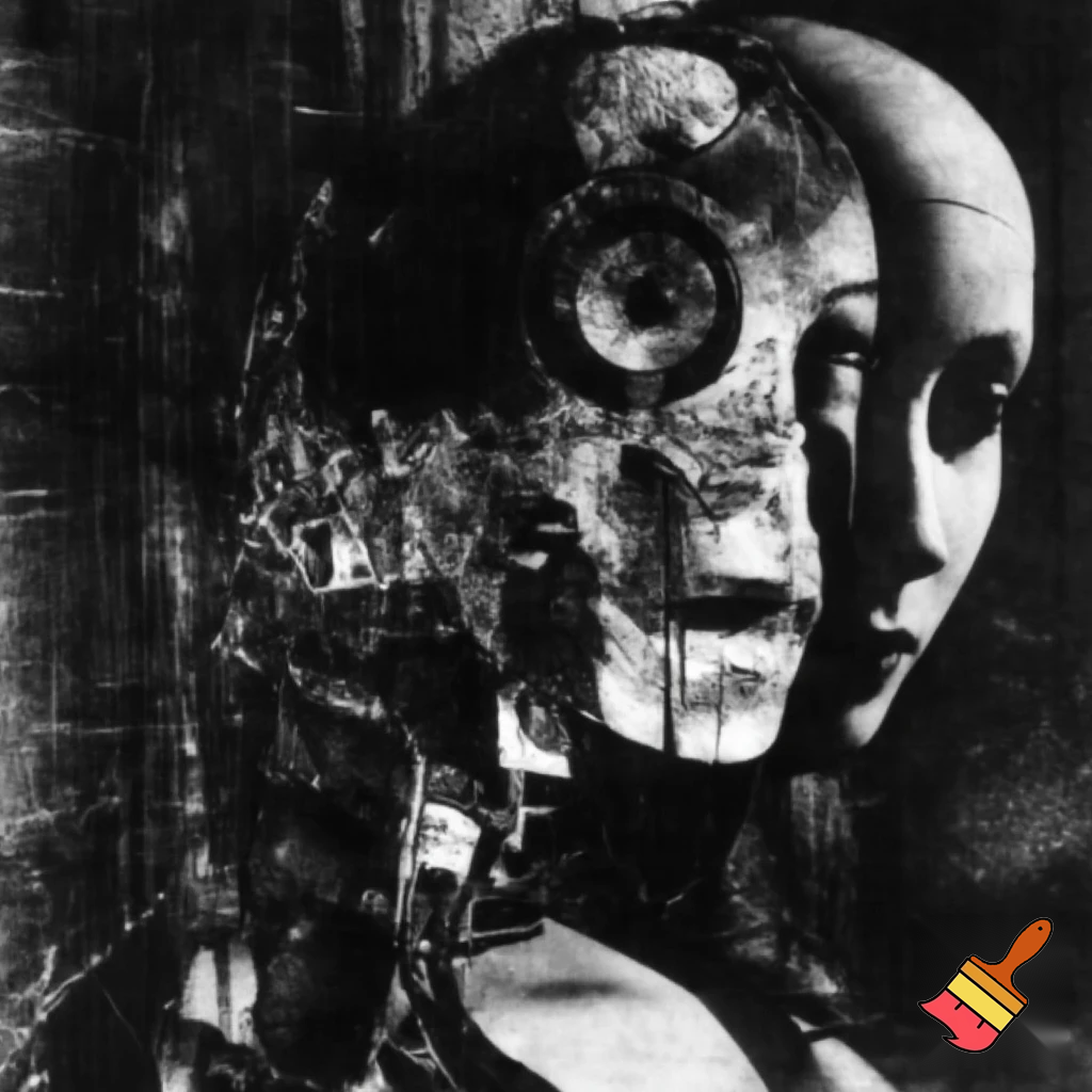 Bio-mechanical girl portrait, noise art. In the style of a 1920's German Expressionism. Black & white.