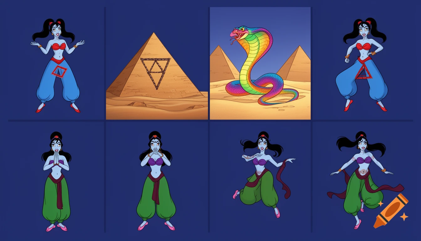 90's disney's 2d aladdin style comic dark blue background and panels of panel 1 while the three headed black haired ponytail woman with blue skin , blue harem pants, red bra and red sash and red curved slippers is shaking her butt a triangle shaped stitch patch was on the middle of her butt of her blue harem pants. 
Panel 2 as the three headed black haired ponytail woman with blue skin, blue harem pants, red bra and red sash and curved slippers shakes her butt the triangle shaped Stitch patch started to shaked to until it turns into a pyramid, creating a desert and the rest of her body disappears. 
Panel 3 A rainbow cobra comes out from between the two pyramids and starts slithering it hears music while it's hood is up which triggers the loop of it's body. 
Panel 4 then eventually the rainbow cobra transforms into the three headed black haired ponytail woman with blue skin , green  harem pants, purple bra and ldark red sash and pink curved slippers. 
Panel 5 then the three headed black haired ponytail woman with blue skin , green harem pants, purple bra and dark red sash and pink curved slippers with both hand palms place together and hiding the bottom of her mouth, 
panel 6 she danced with green harem pants and purple bra and dark red sash and pink curved slippers and raising legs and the  bounced up and down her belly. 
panel 7 and the the three headed black haired ponytail woman with blue skin , green harem pants, purple bra and dark red sash and pink curved slippers shook her hips left and right. 
panel 8 as the the three headed black haired ponytail woman with blue skin , green harem pants, purple bra and dark red sash and pink curved slippers started fading away, except her belly which is bouching around.