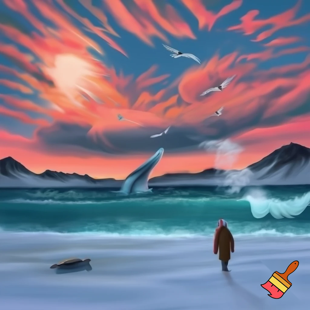 The sky was wrapped in a warm blanket of clouds whilst the sun peeped through.As I looked up,the seagulls cried out loudly as they gracefully flew across the sky.As I began walking across the velvety snow my cheeks turned bright red and my nose began to drip out water.When I opened my mouth a cloud of smoke burst out.

The mountains were grey and black.As I looked into the sky the clouds turned a bright pink and orange as they moved closer together like a happy family.The temperature dropped even lower and my legs felt like they were about to freeze  but i kept walking and didn't give up.The snow went onto my face and my hands started to become even colder but i still didn’t give up.

The waves splashed into the sky and sprayed onto my face.Whilst I wasn't looking a whale splashed out the water and into the sky my stomach dropped in shock.The water was a calm blue and green and I saw a turtle through it.
