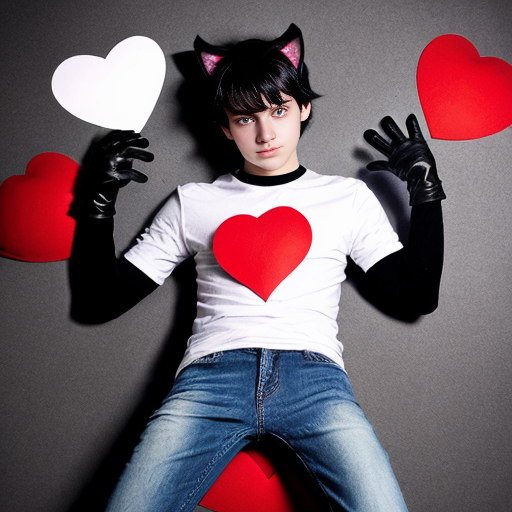 teenage boy with red eyes, black hair, white cat ears, a white shirt with a red love heart in the top right hand side, blue jeans, black gloves with one love heart per glove and a brown cat tail with a white stripe near the tip.