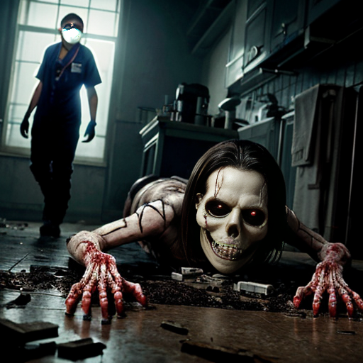 or bathed in the flickering greenish glow of shattered emergency lights, where the air itself seems to pulse with malignant energy. A ghostly nurse with hollow, weeping eye sockets floats mid-air, her tattered uniform streaked with phantom blood, while a skeletal demon—its ribcage split open to reveal writhing, vein-covered organs—crawls along the ceiling like a grotesque insect. In the foreground, a freshly reanimated zombie drags its own spilled intestines behind it, jaws unhinged in a silent scream, while the walls weep rivulets of blackened blood that coalesce into grasping handprints. The floor is littered with twisted medical instruments fused to half-dissolved corpses, their flesh melting into the tiles in a nightmare of biological corruption. A spectral surgeon looms in the background, his surgical mask sewn directly into rotting skin, holding a rusted bone saw that drips with something far thicker t