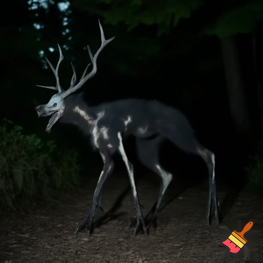 creepy dark photorealistic wendigo(deer) on trailcam