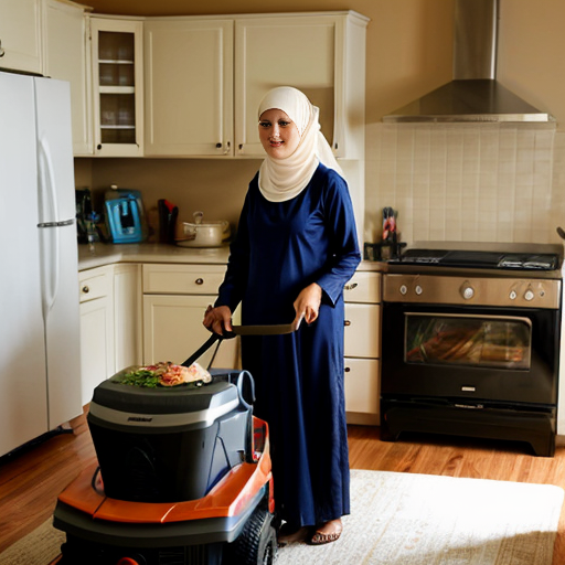 Женщина мусульманка покрытая волосы не видно груди не видно косинка длинная, стоит у плиты, готовит суп, 