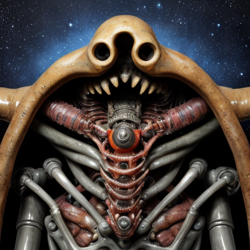 ​A highly detailed, photorealistic biomechanical alien spaceship floating in deep space. The ship is a grotesque, asymmetrical fusion of organic and mechanical parts. Its outer hull features weathered, pale greyish-green chitinous armor plating reminiscent of a giant insect shell, interspersed with exposed, glistening wet red muscles, veins, and gore. Intricate dark metallic cables, segmented robotic joints, and sharp metal spikes weave intricately through the raw flesh. The hull is studded with multiple large, glowing, translucent azure blue dome-like eyes. Near the upper right, a secondary cluster of smaller, glowing yellow and blue robotic eyes emerges from the bloody tissue. At the base is a circular, ribbed, toothy maw with dangling dark red, fleshy biomechanical tentacles and wires extending downward. The background is a breathtaking cosmic vista with vibrant purple and emerald green nebulas, stars, and floating rock debris. Cinematic lighting, hyper-detailed, 8k resolution, macro-photography details on the wet flesh and scratched metal, dark sci-fi, cosmic horror, HR Giger meets David Cronenberg, masterpiece